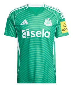 Front view of adidas Newcastle United Away Kit 25/26 in green with white accents, v-neck collar, and short sleeves.