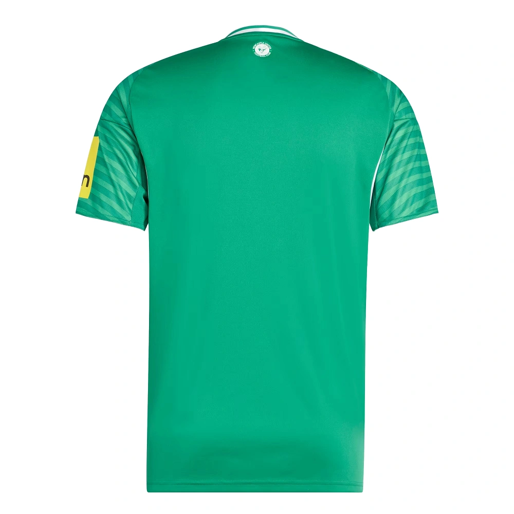 Adidas Newcastle United Away Kit 25/26 back view, green color, v-neck collar, short sleeves, without name or number.