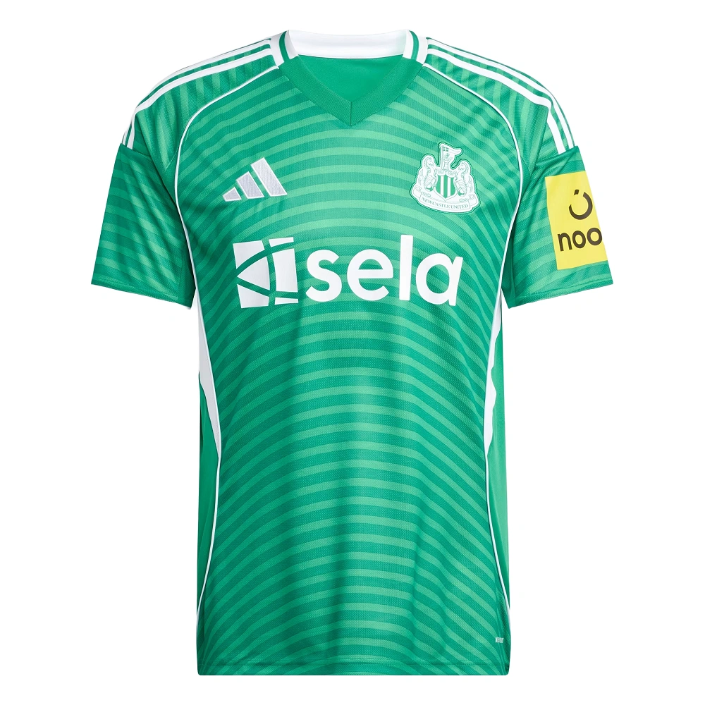 Front view of adidas Newcastle United Away Kit 25/26 in green with white accents, v-neck collar, and short sleeves.