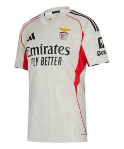 Front view of the SL Benfica Beige Away Kit 25/26 by adidas with v-neck collar and short sleeves.