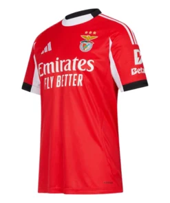 Front view of the red SL Benfica Home Kit 25/26 by adidas with crewneck collar and short sleeves.