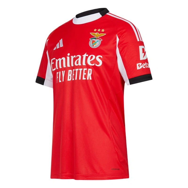 Front view of the red SL Benfica Home Kit 25/26 by adidas with crewneck collar and short sleeves.