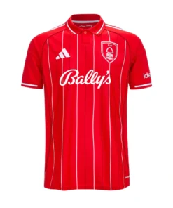 Front view of adidas Nottingham Forest Home Kit 25/26 in red, with short sleeves and collared neckline.