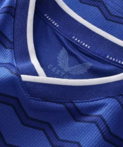 Zoomed-in view of the V-neck collar on the 2025/26 Everton Home Shirt by Castore.