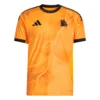 Adidas AS Roma Away Kit 25/26 in orange with black and yellow accents, short sleeves, black crewneck, front view.