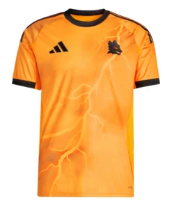 Adidas AS Roma Away Kit 25/26 in orange with black and yellow accents, short sleeves, black crewneck, front view.