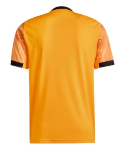 Adidas AS Roma Away Kit 25/26 in orange with short sleeves, black crewneck, back view, no name or number.