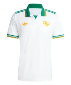 Adidas AS Roma Third Kit 25/26 in white with green and yellow accents, polo collar, short sleeves, front view.