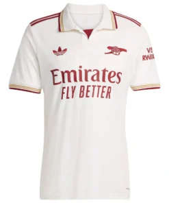 Arsenal Third Kit 25/26 in Cloud White with short sleeves, polo collar, Adidas branding, front view.