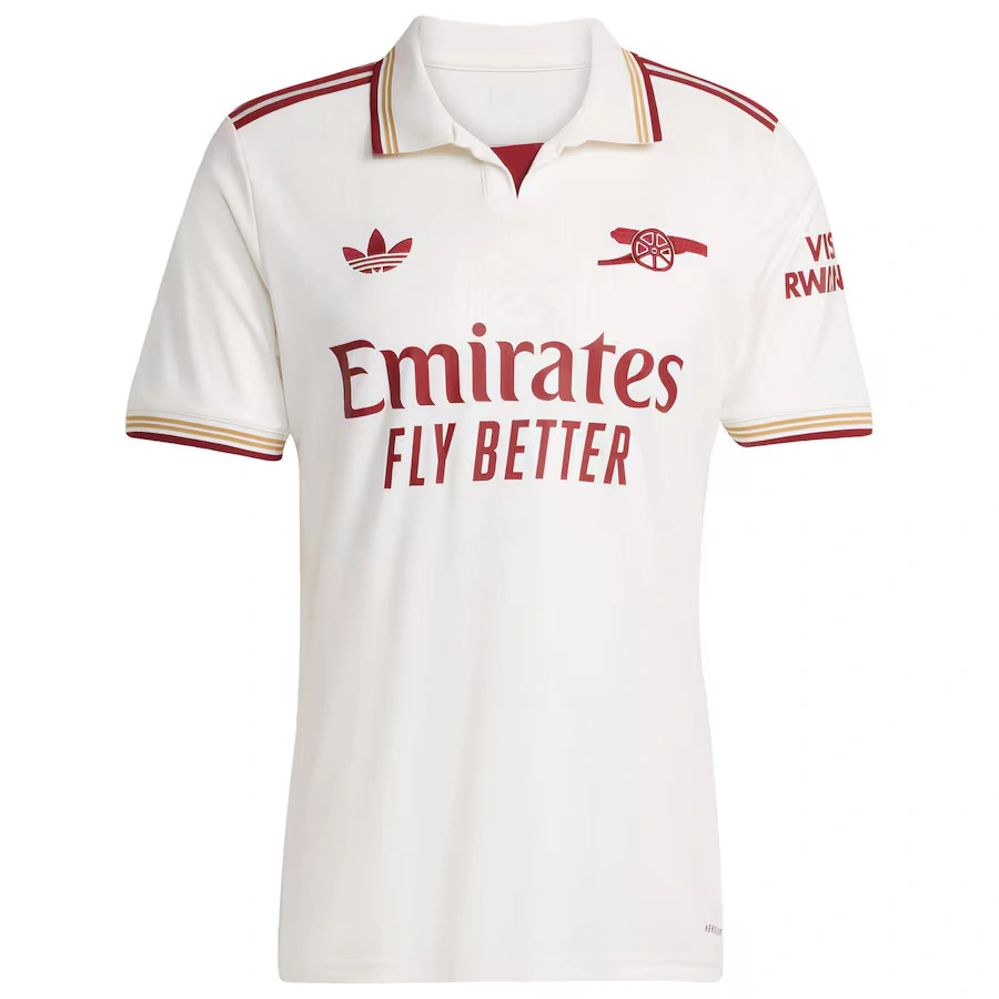 Arsenal Third Kit 25/26 in Cloud White with short sleeves, polo collar, Adidas branding, front view.