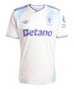 Front view of adidas Aston Villa Third Kit 25/26 in white with multicolor patterns, crewneck, and short sleeves.