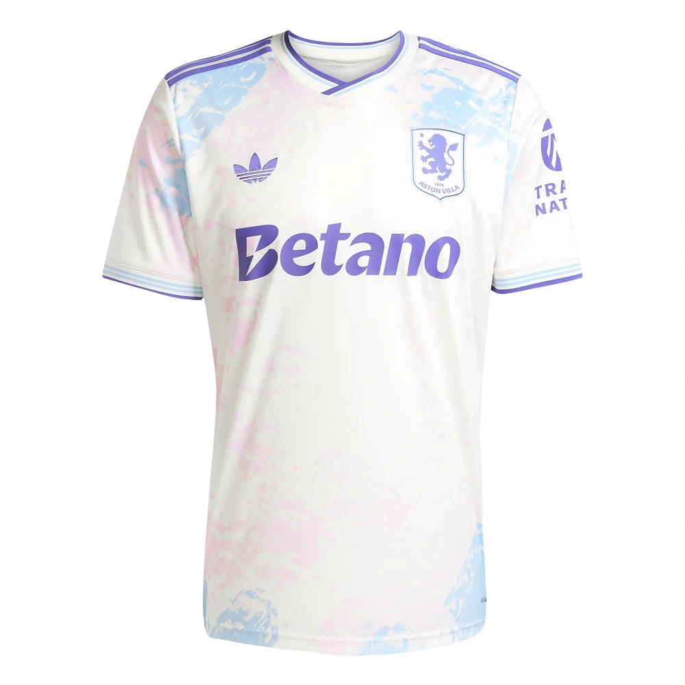 Front view of adidas Aston Villa Third Kit 25/26 in white with multicolor patterns, crewneck, and short sleeves.