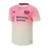 New Balance Bayer Leverkusen Away Kit 25/26, white with pink accents, crewneck, short sleeves, front view.