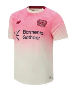 New Balance Bayer Leverkusen Away Kit 25/26, white with pink accents, crewneck, short sleeves, front view.