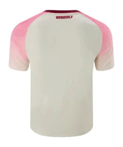 New Balance Bayer Leverkusen Away Kit 25/26, white with pink accents, short sleeves, back view, no name or number.