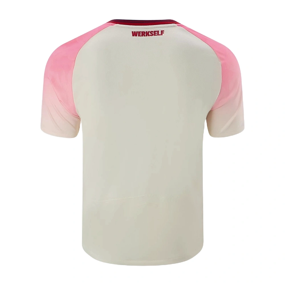 New Balance Bayer Leverkusen Away Kit 25/26, white with pink accents, short sleeves, back view, no name or number.