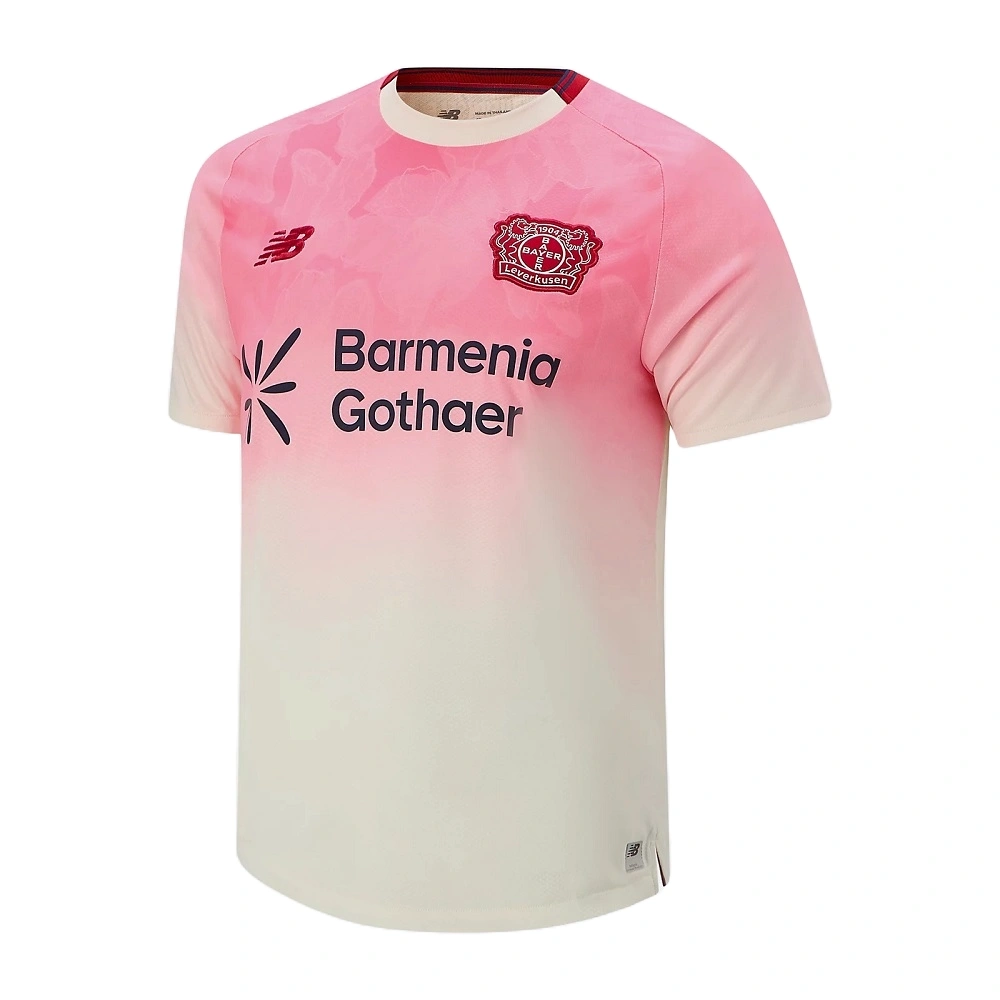 New Balance Bayer Leverkusen Away Kit 25/26, white with pink accents, crewneck, short sleeves, front view.