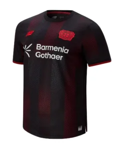 New Balance Bayer Leverkusen Home Kit 25/26, black with red details, crewneck, short sleeves, front view.