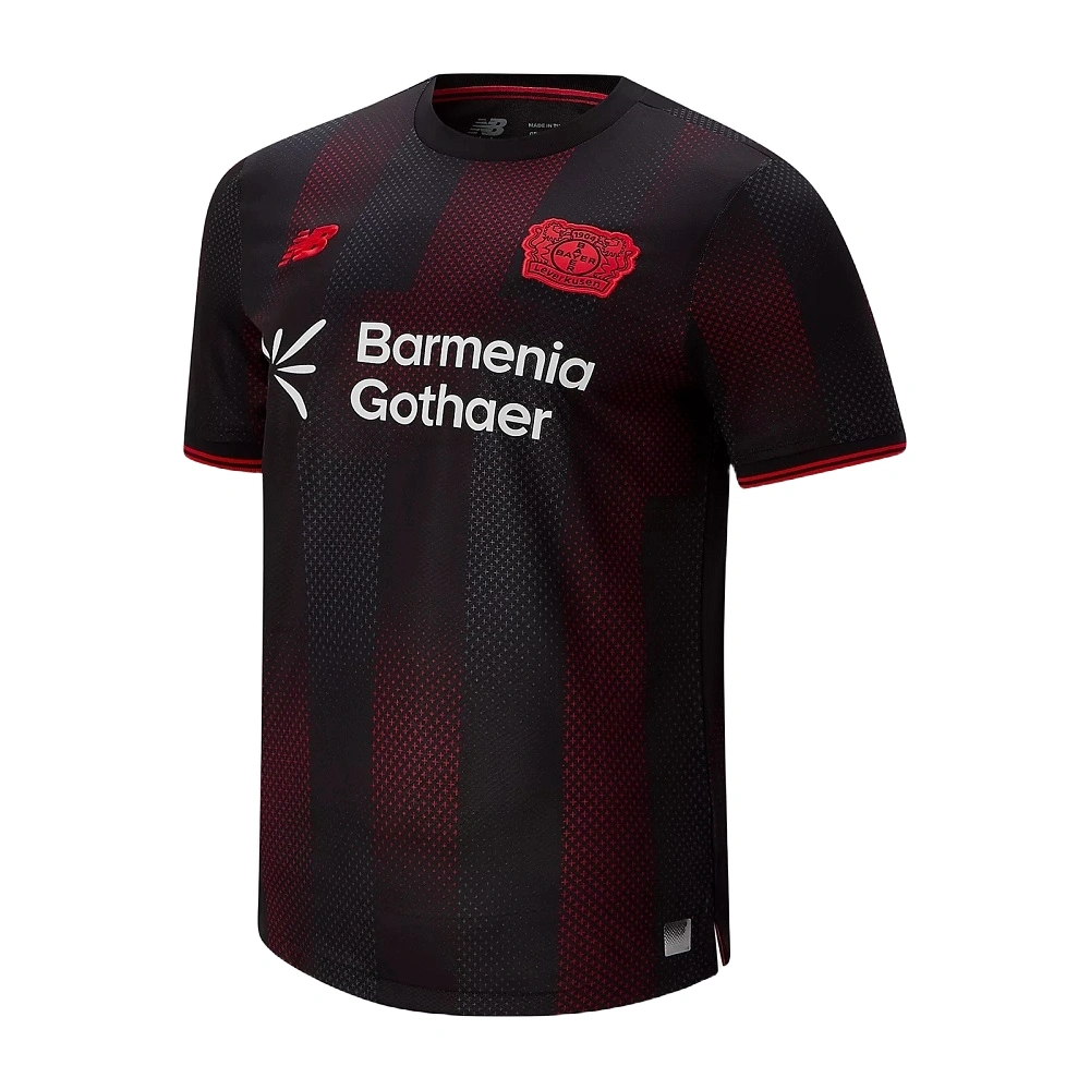 New Balance Bayer Leverkusen Home Kit 25/26, black with red details, crewneck, short sleeves, front view.