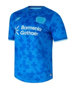 New Balance Bayer Leverkusen Third Kit 25/26 in blue, crewneck, short sleeves, front view.