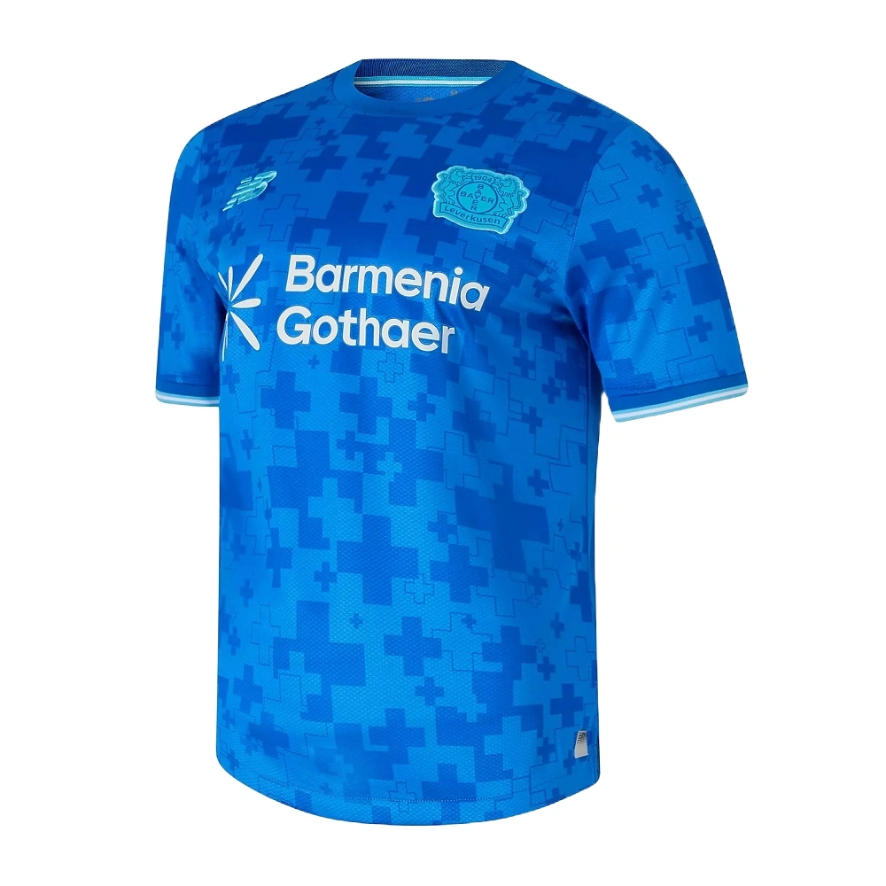 New Balance Bayer Leverkusen Third Kit 25/26 in blue, crewneck, short sleeves, front view.