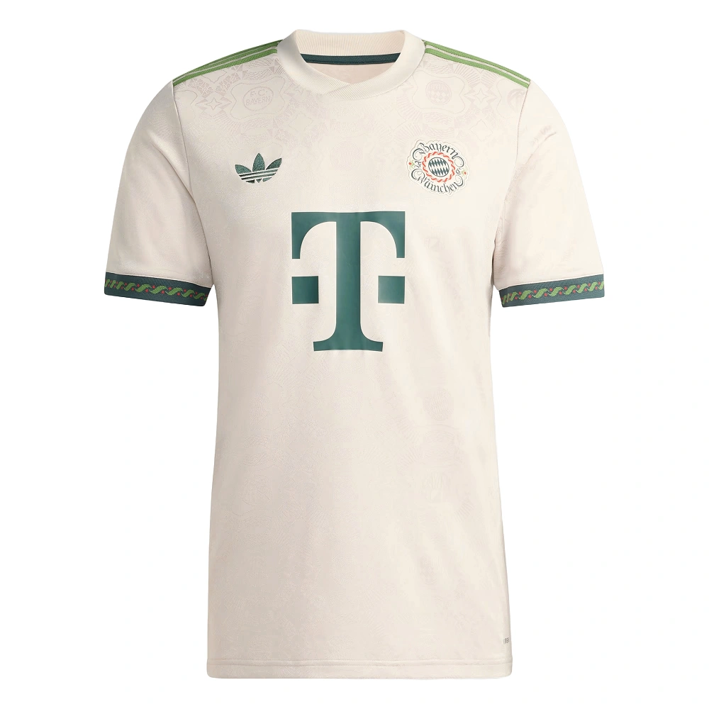 Adidas Bayern Munich Oktoberfest Kit 25/26 in beige, crewneck, short sleeves, front view.