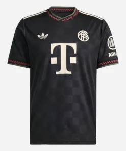 Bayern Munich Third Kit 25/26 by Adidas in black, crewneck, short sleeves, front view.