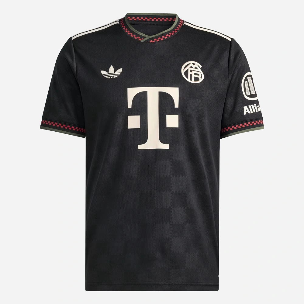 Bayern Munich Third Kit 25/26 by Adidas in black, crewneck, short sleeves, front view.