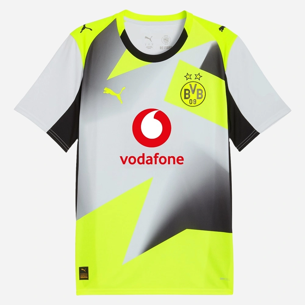 PUMA Borussia Dortmund Away Kit 25/26 in silvery grey, crewneck, short sleeves, front view.