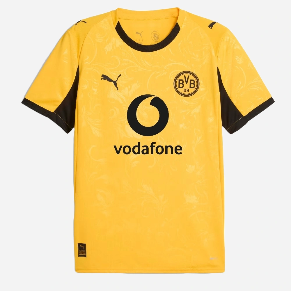 PUMA Borussia Dortmund Cup Kit 25/26 in Yellow Sizzle, crewneck, short sleeves, front view.
