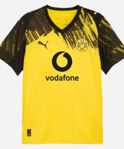 PUMA Borussia Dortmund Home Kit 25/26, yellow with black details, V-neck, short sleeves, front view.