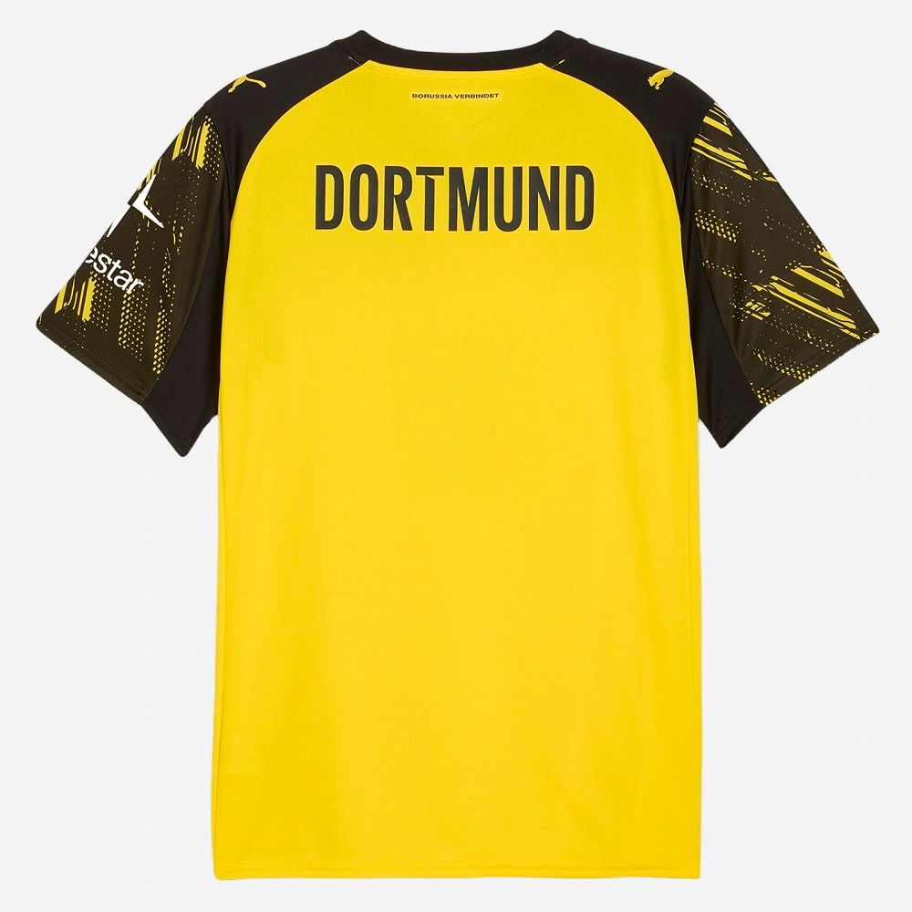 Back view of Borussia Dortmund Home Kit 25/26 by PUMA, yellow with black accents, short sleeves, no name or number.