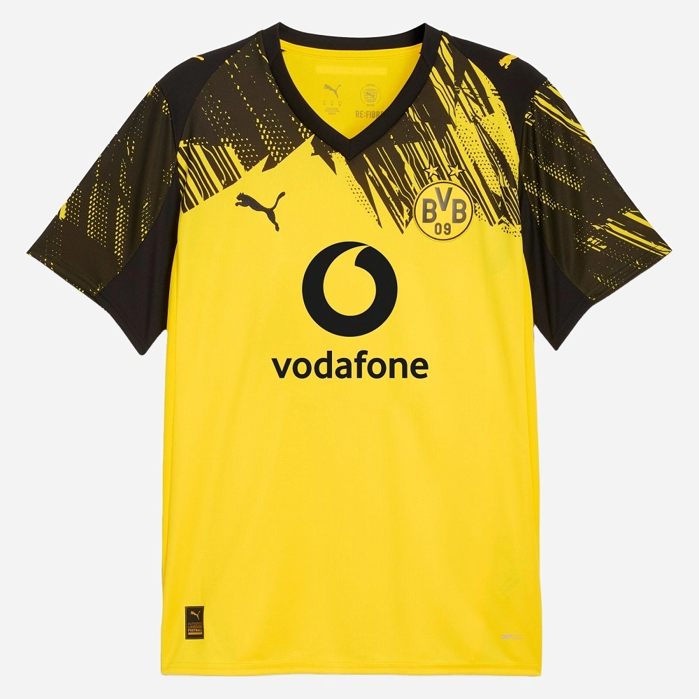 PUMA Borussia Dortmund Home Kit 25/26, yellow with black details, V-neck, short sleeves, front view.