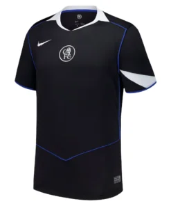 Nike Chelsea Third Kit 25/26 in Black with silver and blue accents, retro club crest, short sleeves, front view.