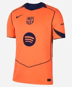 Nike Barcelona Third Kit 25/26 in bright orange with short sleeves and V-neck collar, front view.
