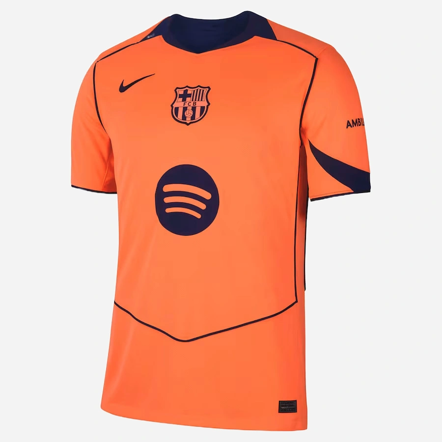 Nike Barcelona Third Kit 25/26 in bright orange with short sleeves and V-neck collar, front view.