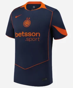 Inter Milan Third Kit 25/26 by Nike, front view in Thunder Blue with Safety Orange accents, crewneck, short sleeves.