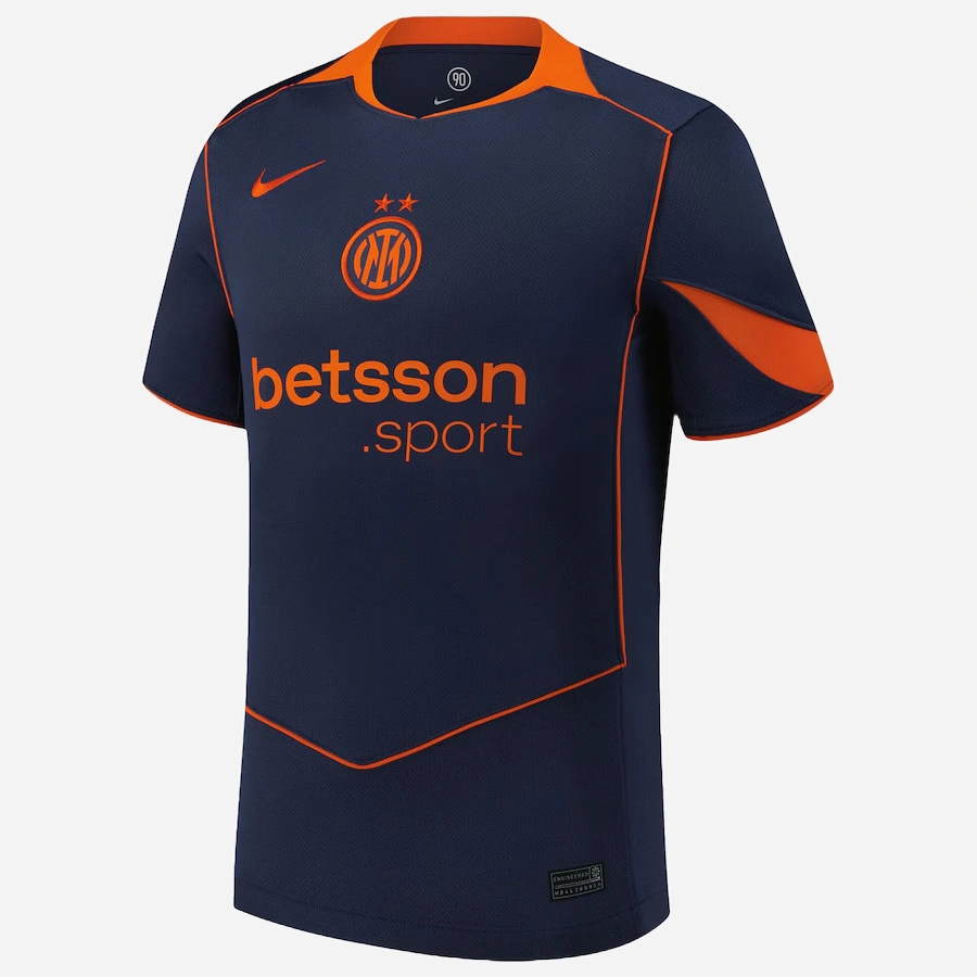Inter Milan Third Kit 25/26 by Nike, front view in Thunder Blue with Safety Orange accents, crewneck, short sleeves.