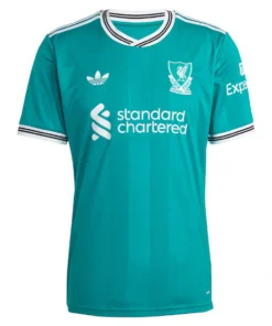 Adidas Liverpool Third Kit 25/26 in Sea Green with crewneck and short sleeves, front view.