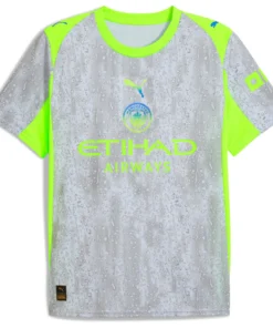 PUMA Manchester City Third Kit 25/26 in silver grey with short sleeves, crewneck, front view.