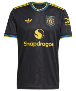 Adidas Manchester United Third Kit 25/26 in black, short sleeves, crewneck, adidas Trefoil logo, front view.