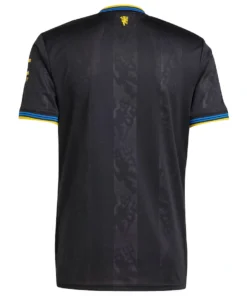 Manchester United Third Kit 25/26 in black with yellow and blue details, short sleeves, back view, no name or number.