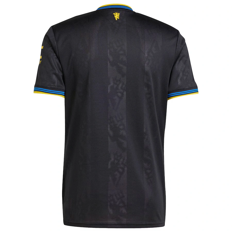 Manchester United Third Kit 25/26 in black with yellow and blue details, short sleeves, back view, no name or number.