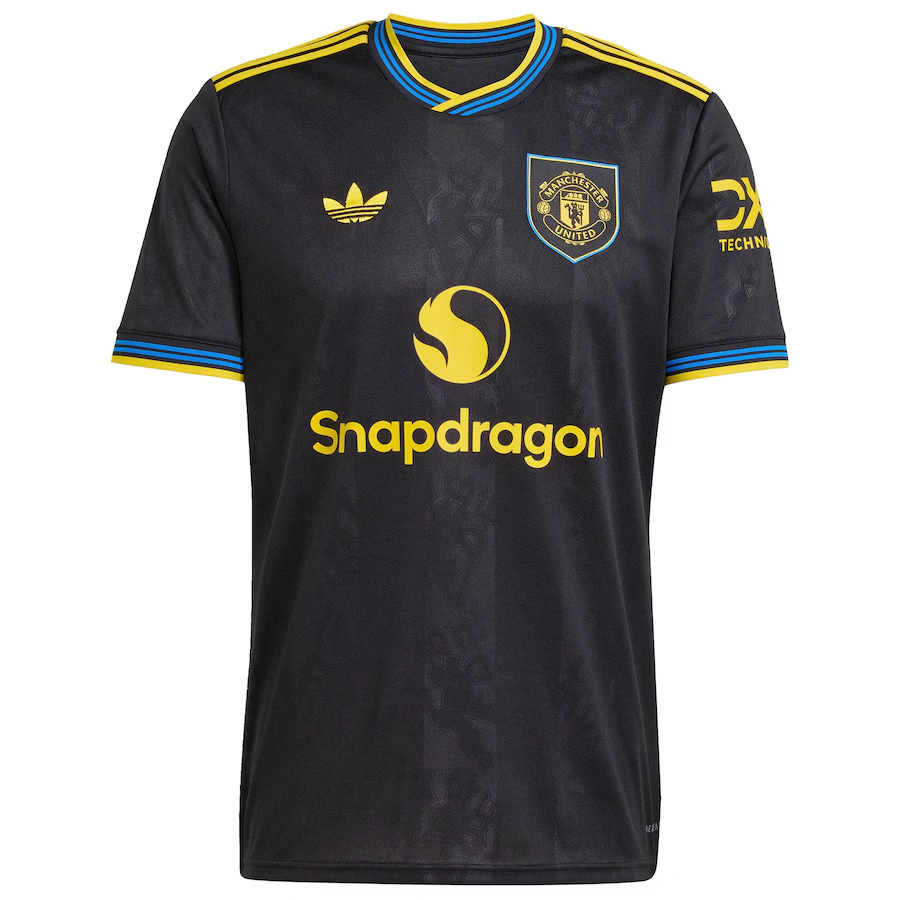 Adidas Manchester United Third Kit 25/26 in black, short sleeves, crewneck, adidas Trefoil logo, front view.