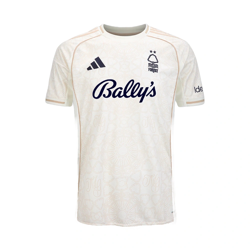Front view of Adidas Nottingham Forest Away Kit 25/26 in off-white with crew neck and short sleeves.