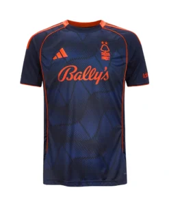 Front view of adidas Nottingham Forest Third Kit 25/26 in navy with black pattern, short sleeves, crewneck.