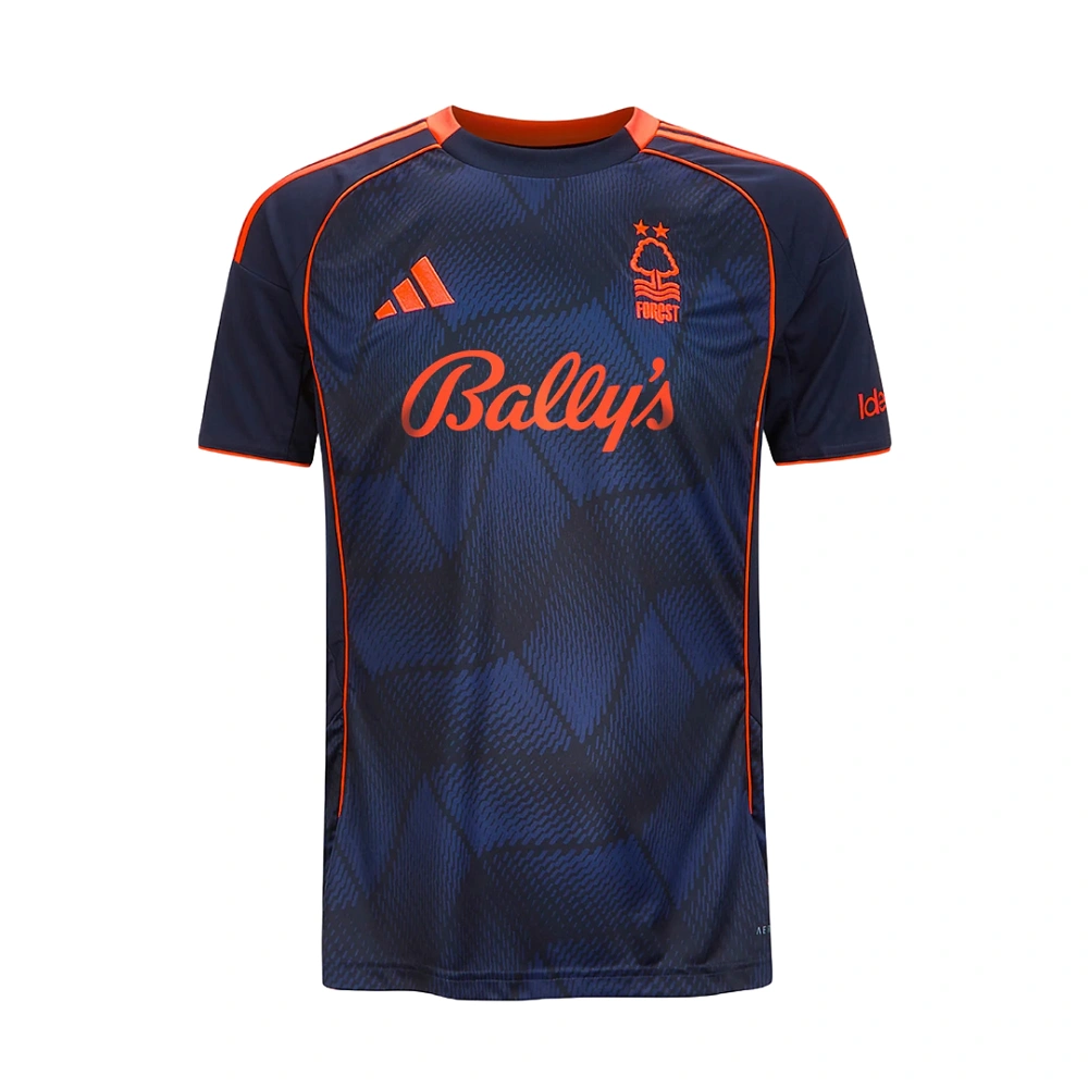 Front view of adidas Nottingham Forest Third Kit 25/26 in navy with black pattern, short sleeves, crewneck.