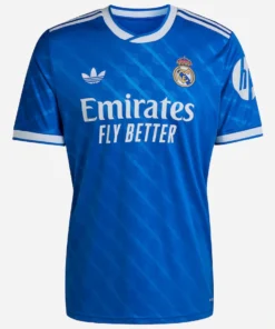 Adidas Real Madrid 25/26 Third Kit, blue jersey with white logos, short sleeves, crewneck collar, front view.