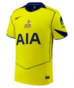 Nike Tottenham Hotspur Third Kit 25/26, vibrant yellow with blue accents and navy logos, short sleeves, crewneck, front view.