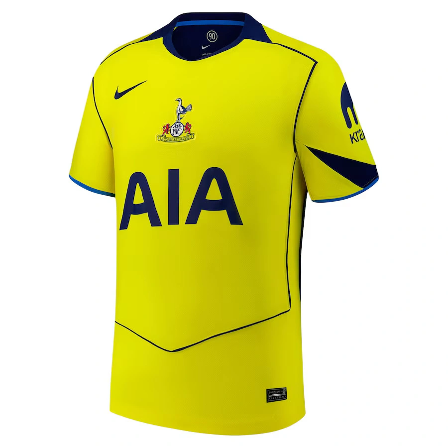 Nike Tottenham Hotspur Third Kit 25/26, vibrant yellow with blue accents and navy logos, short sleeves, crewneck, front view.